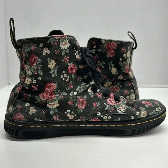 Dr Martens Hackney Combat Boots Canvas Lace Up Ankle Black Pink Rose Floral 6 - Picture 6 of 10